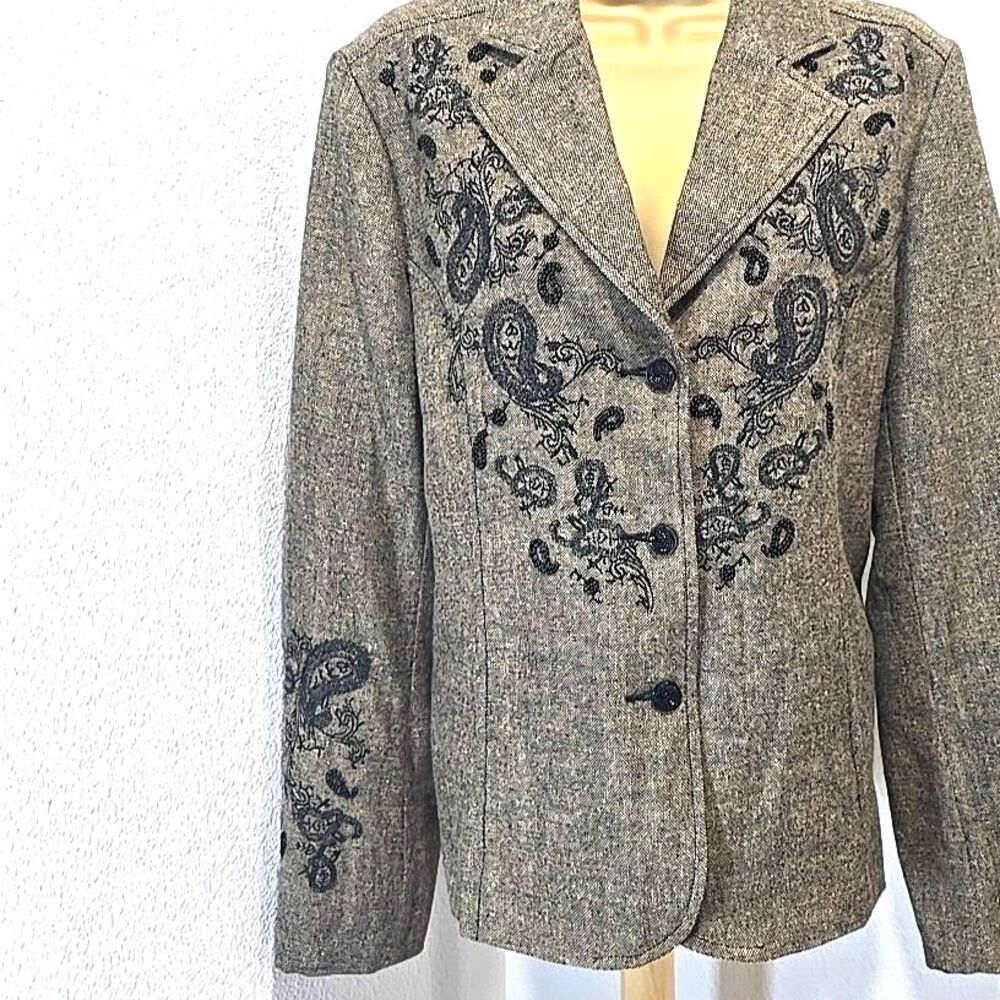 NWT Wool Blend Brown Embroidered Beaded Blazer Lge Preppy Tweed Office Academia